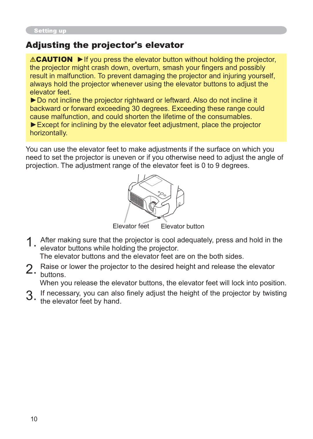 Hitachi CP-X268AWF user manual Adjusting the projectors elevator, Elevator feet 