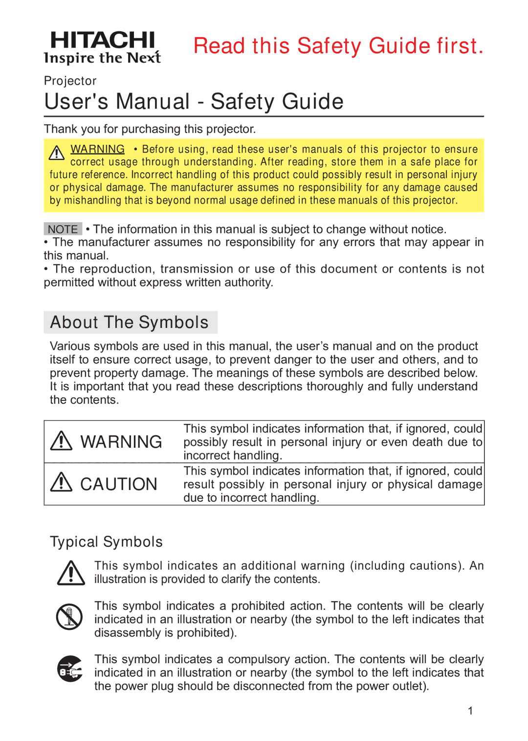 Hitachi CP-X268AWF user manual Typical Symbols, Projector, Thank you for purchasing this projector 