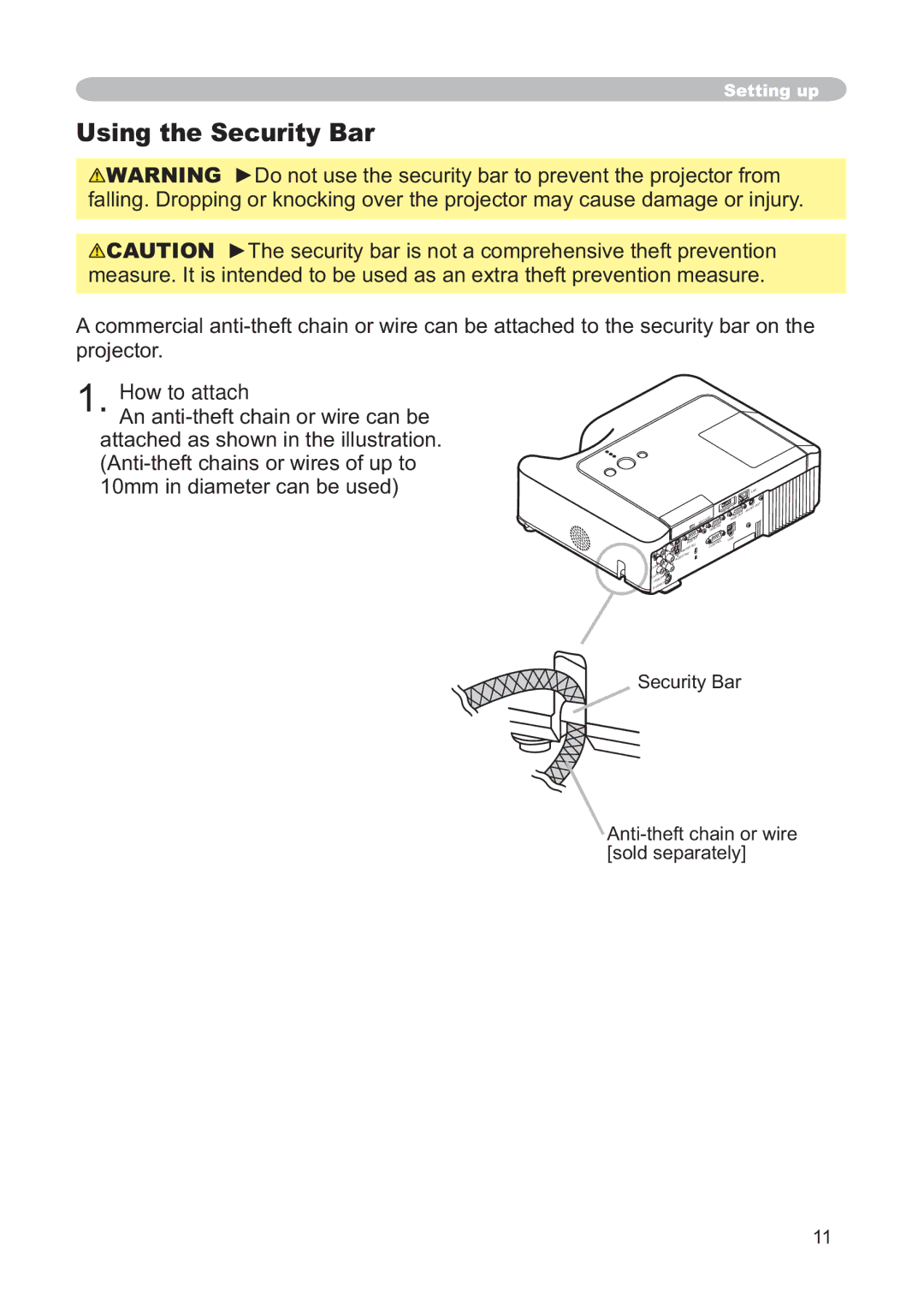 Hitachi CP-X268AWF user manual Using the Security Bar, How to attach, Security Bar Anti-theft chain or wire sold separately 