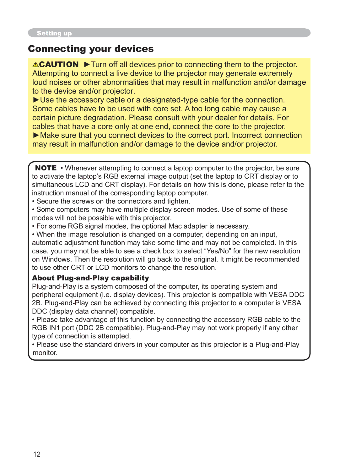 Hitachi CP-X268AWF user manual Connecting your devices, About Plug-and-Play capability 