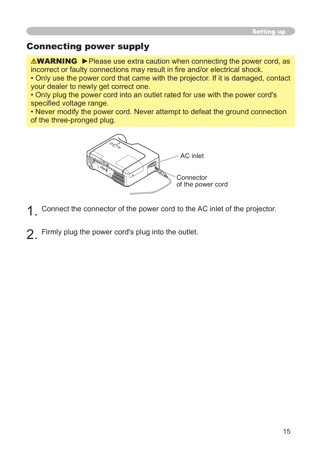 Hitachi CP-X268AWF user manual Connecting power supply, Vshfl¿HgYrowdjhUdqjh, AC inlet Connector Power cord 