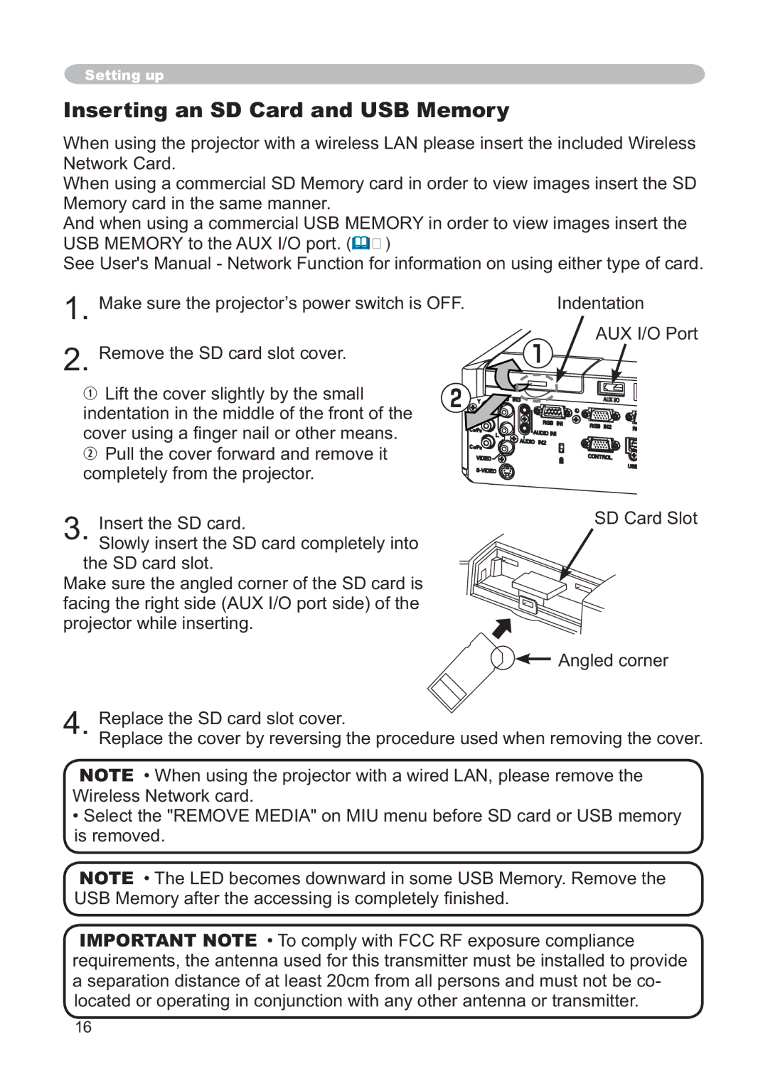 Hitachi CP-X268AWF user manual Inserting an SD Card and USB Memory 