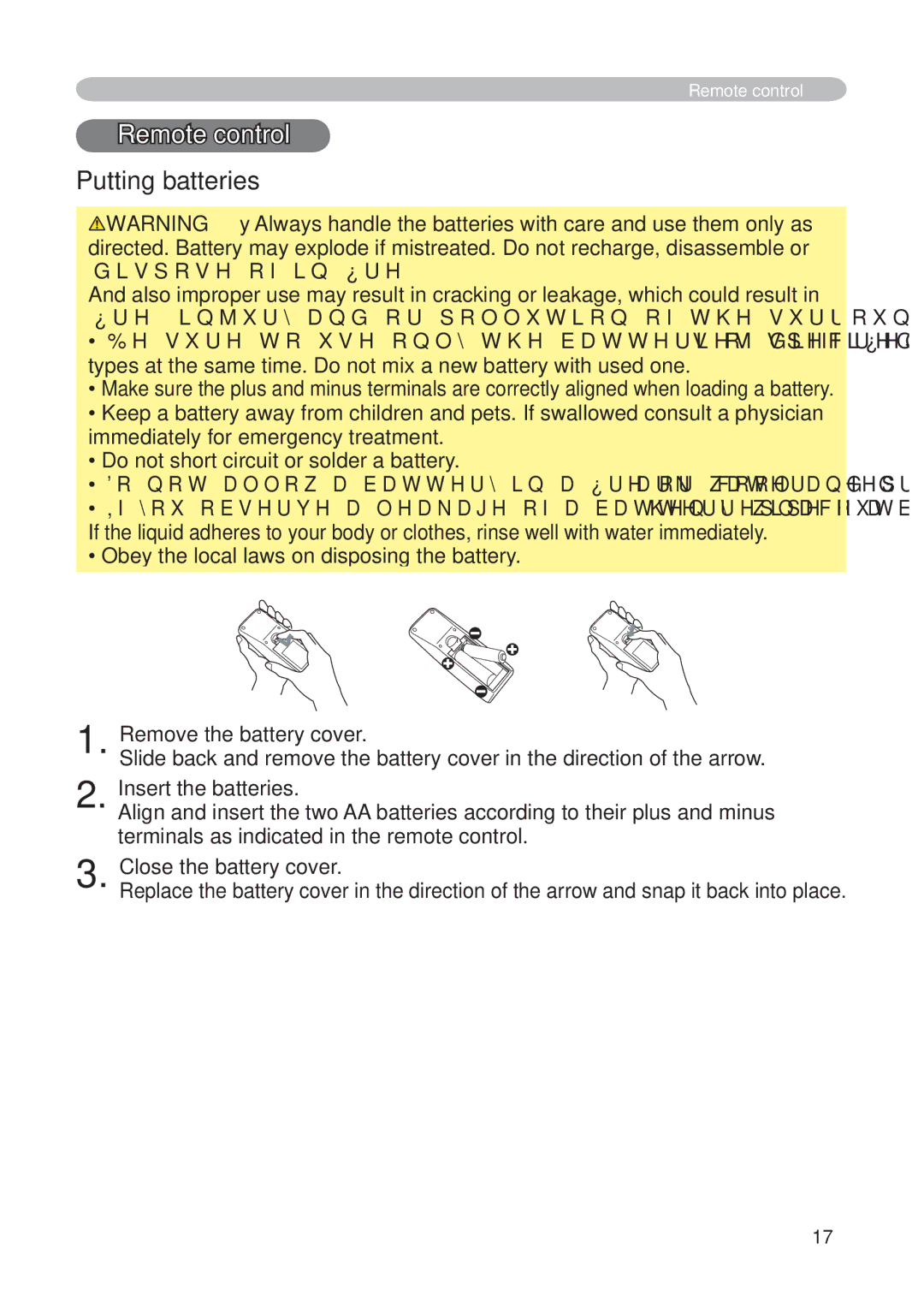 Hitachi CP-X268AWF user manual Remote control, Putting batteries 