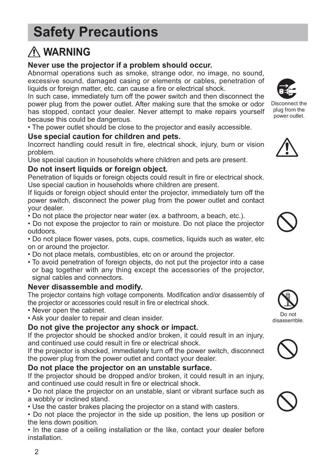 Hitachi CP-X268AWF user manual Never use the projector if a problem should occur, Use special caution for children and pets 