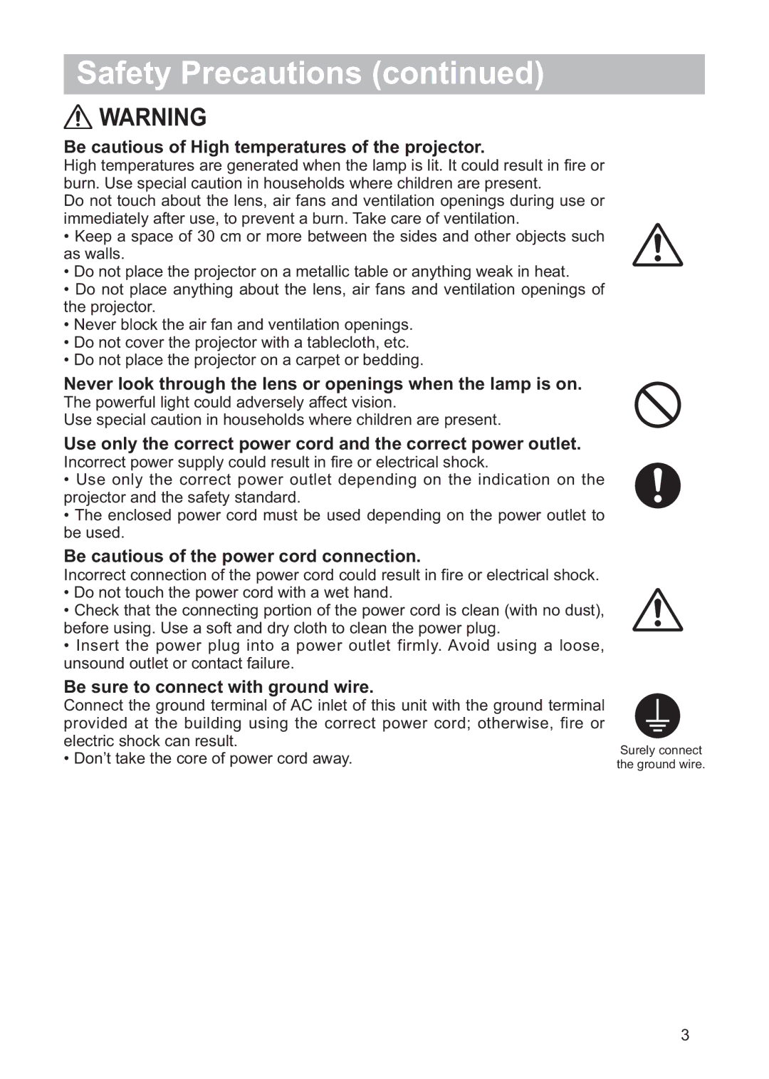 Hitachi CP-X268AWF user manual Be cautious of High temperatures of the projector, Be cautious of the power cord connection 