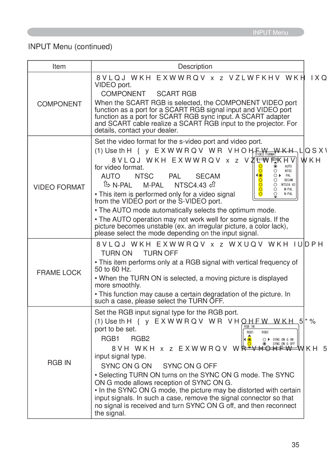 Hitachi CP-X268AWF user manual Input Menu, Video Format, Frame Lock, Rgb 