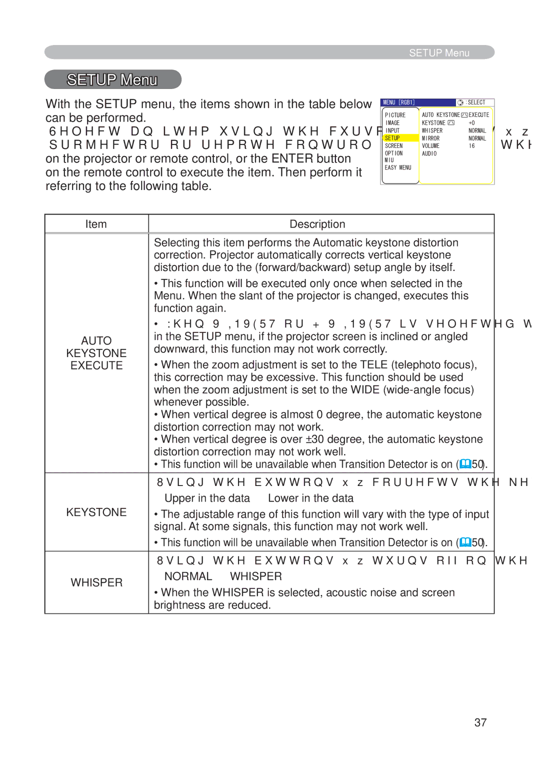 Hitachi CP-X268AWF user manual Setup Menu, Keystone Execute, Normal Ù Whisper 