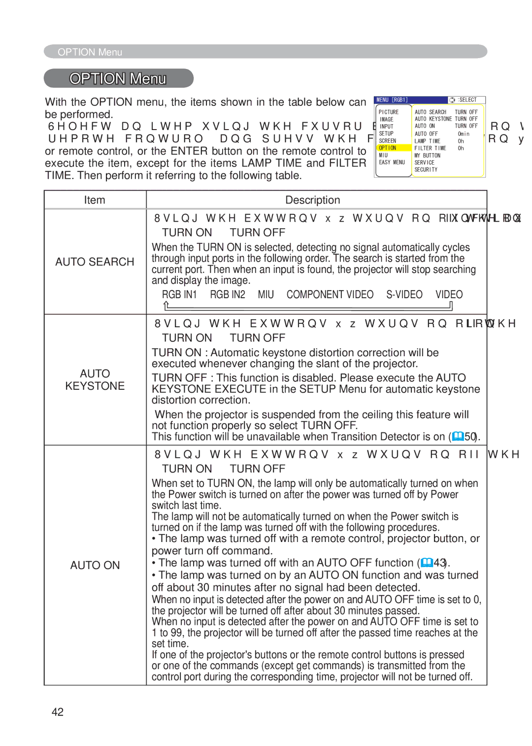 Hitachi CP-X268AWF user manual Option Menu, Auto Search, Auto on 