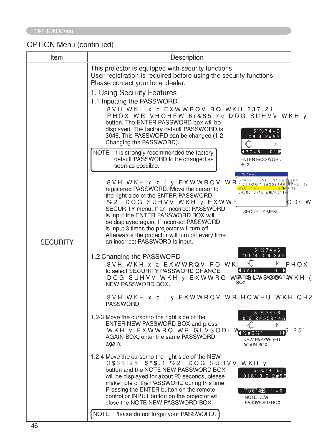 Hitachi CP-X268AWF user manual Using Security Features, Inputting the Password, Changing the Password 