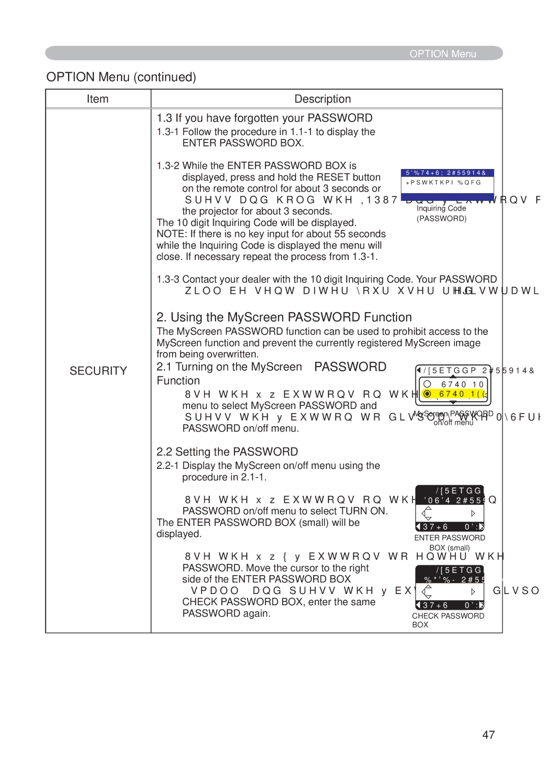 Hitachi CP-X268AWF user manual Using the MyScreen Password Function, Description If you have forgotten your Password 