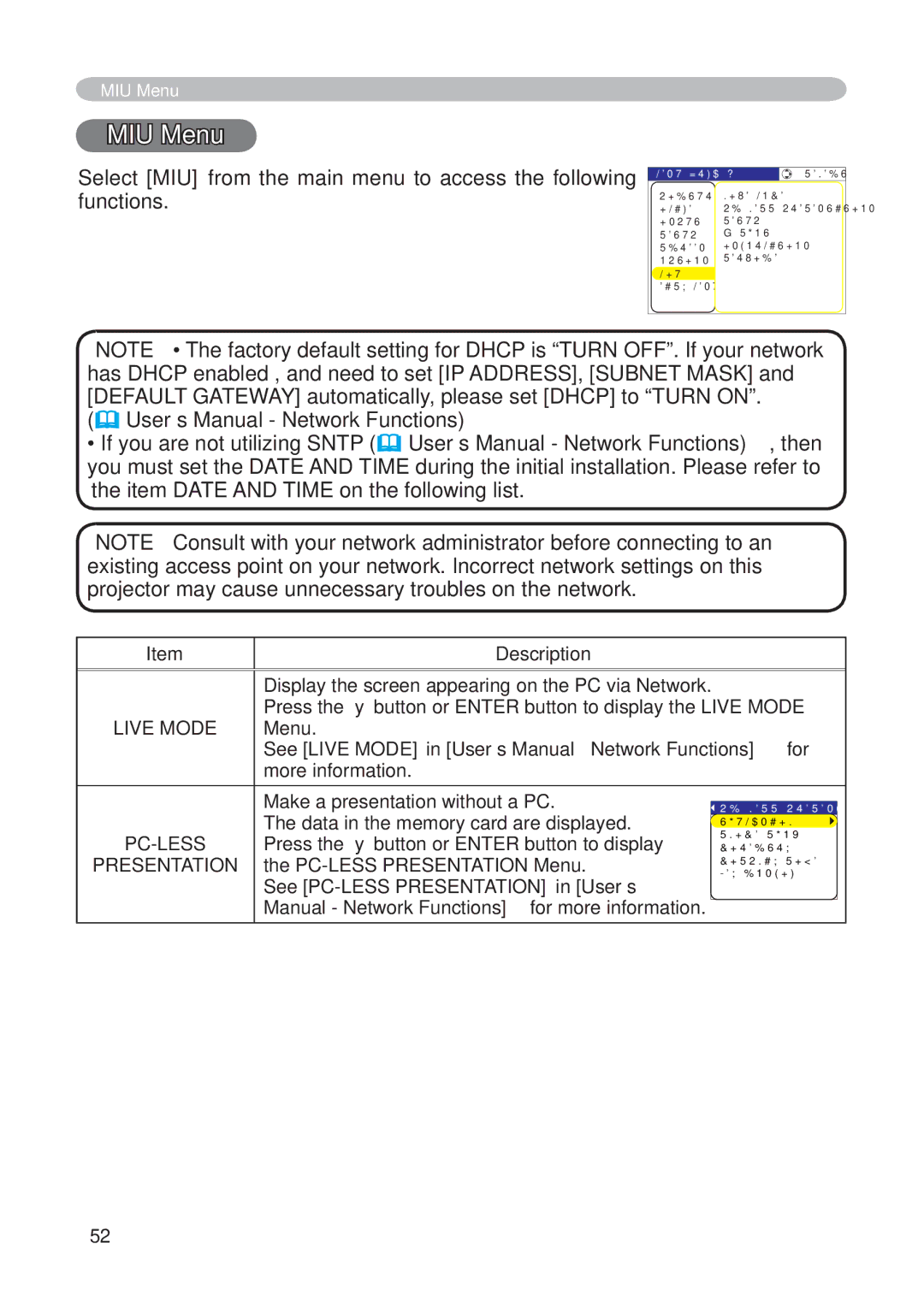 Hitachi CP-X268AWF user manual MIU Menu, User’s Manual Network Functions, Live Mode, Pc-Less, Presentation 