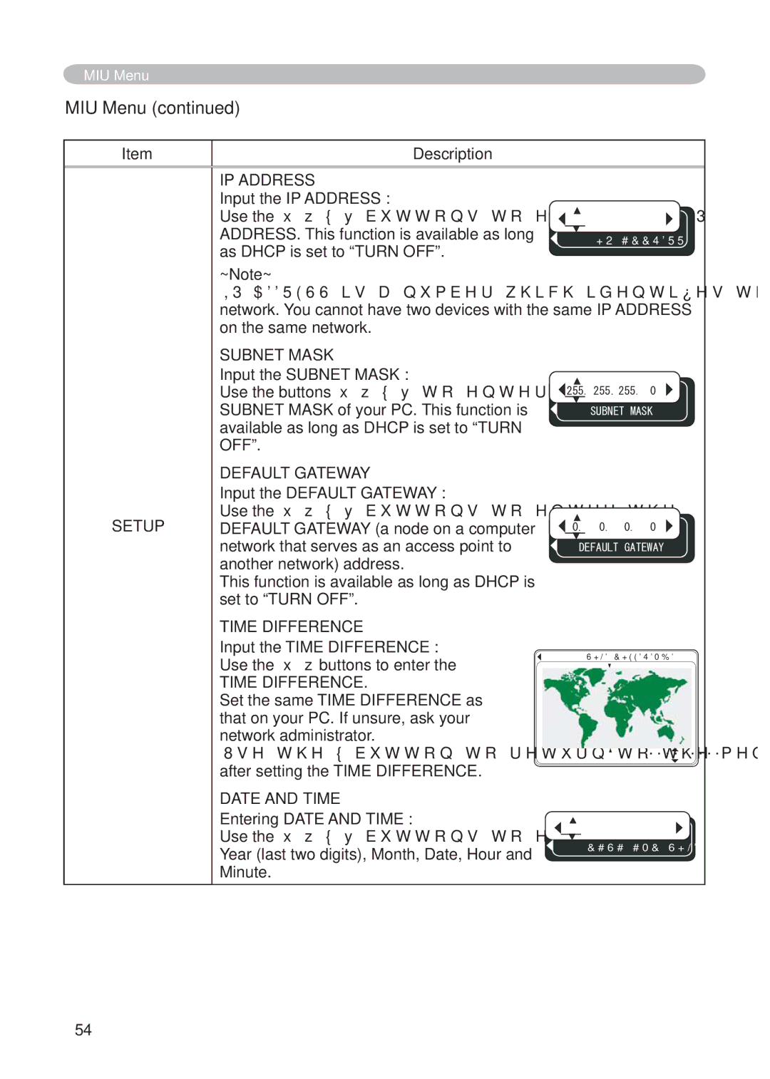 Hitachi CP-X268AWF user manual IP Address, Subnet Mask, Default Gateway, Time Difference, Date and Time 