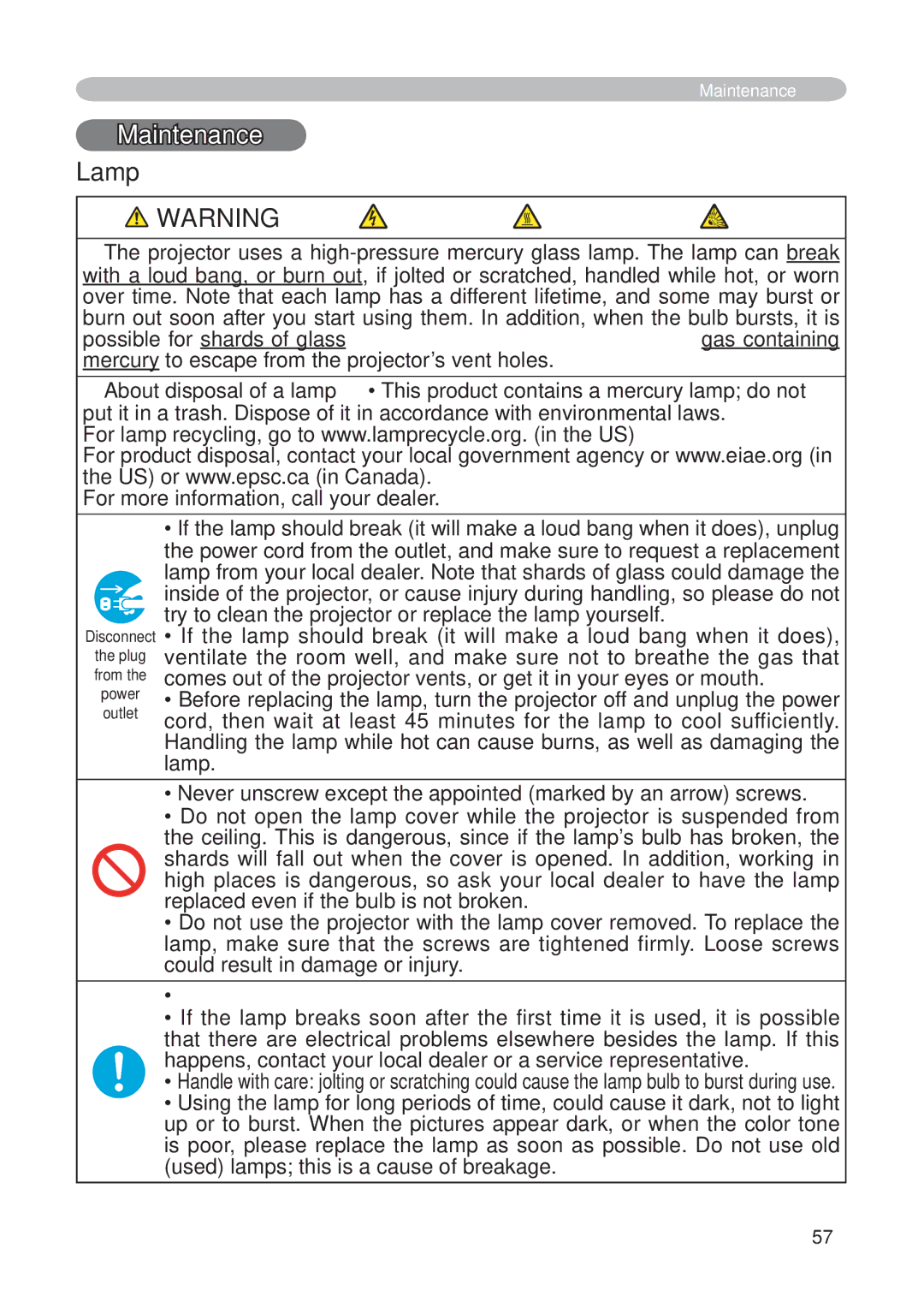 Hitachi CP-X268AWF user manual Maintenance, Lamp, 8VHRQO\WKHODPSRIWKHVSHFL¿HGW\SH 