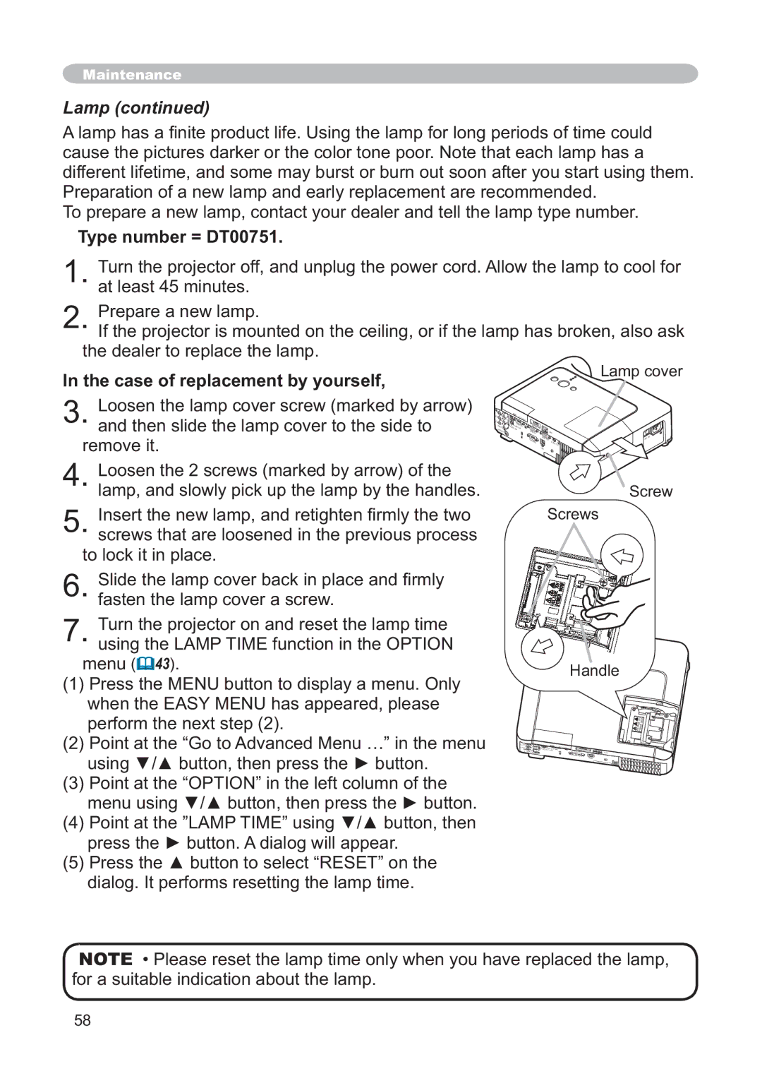 Hitachi CP-X268AWF user manual Lamp, Type number = DT00751, Case of replacement by yourself, To lock it in place 