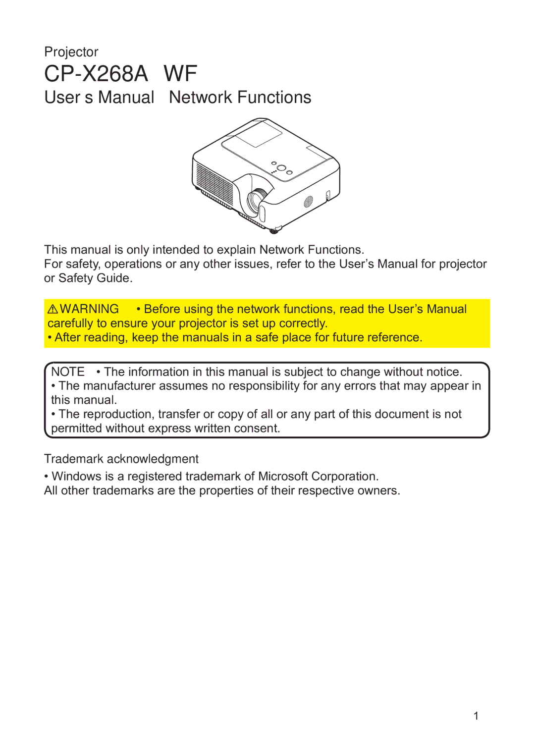 Hitachi CP-X268AWF user manual User’s Manual Network Functions, Trademark acknowledgment 