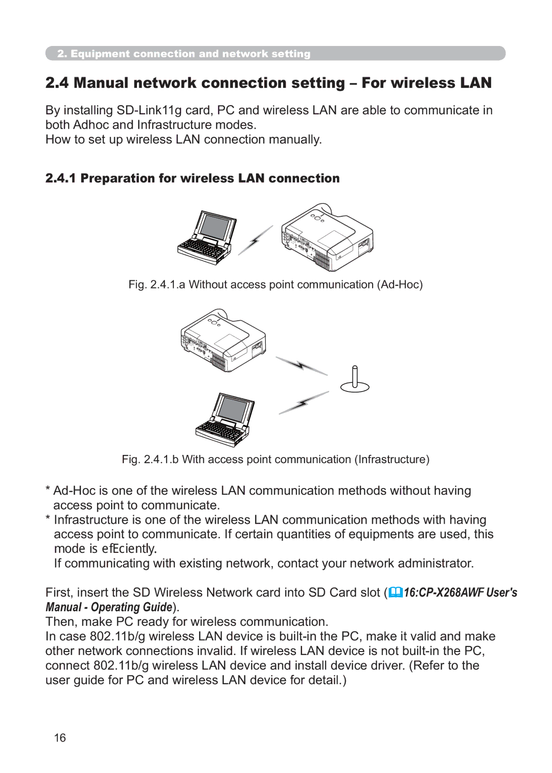 Hitachi CP-X268AWF user manual Manual network connection setting For wireless LAN, Preparation for wireless LAN connection 