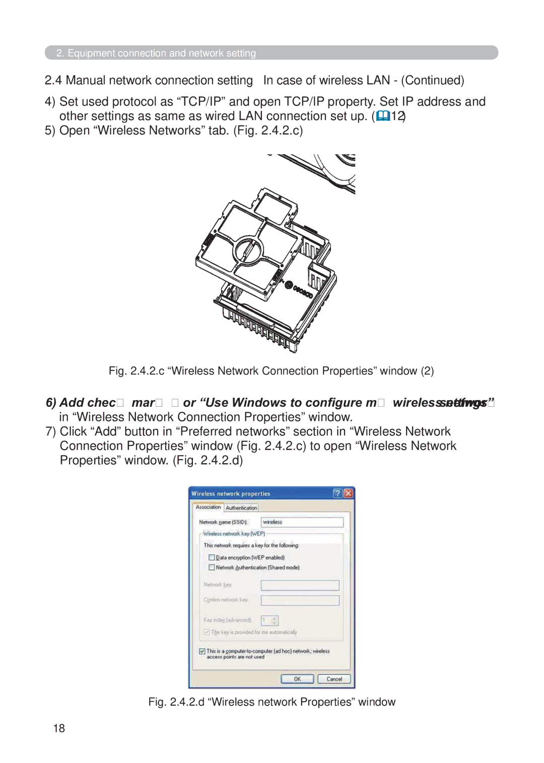 Hitachi CP-X268AWF user manual c Wireless Network Connection Properties window 