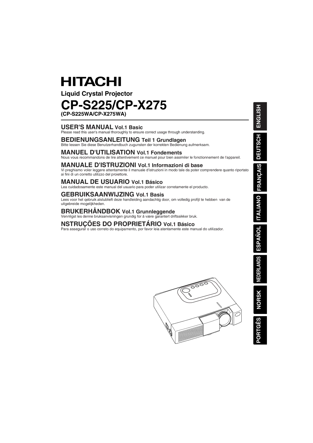 Hitachi user manual CP-S225WA/CP-X275WA, Manuale Distruzioni Vol.1 Informazioni di base 