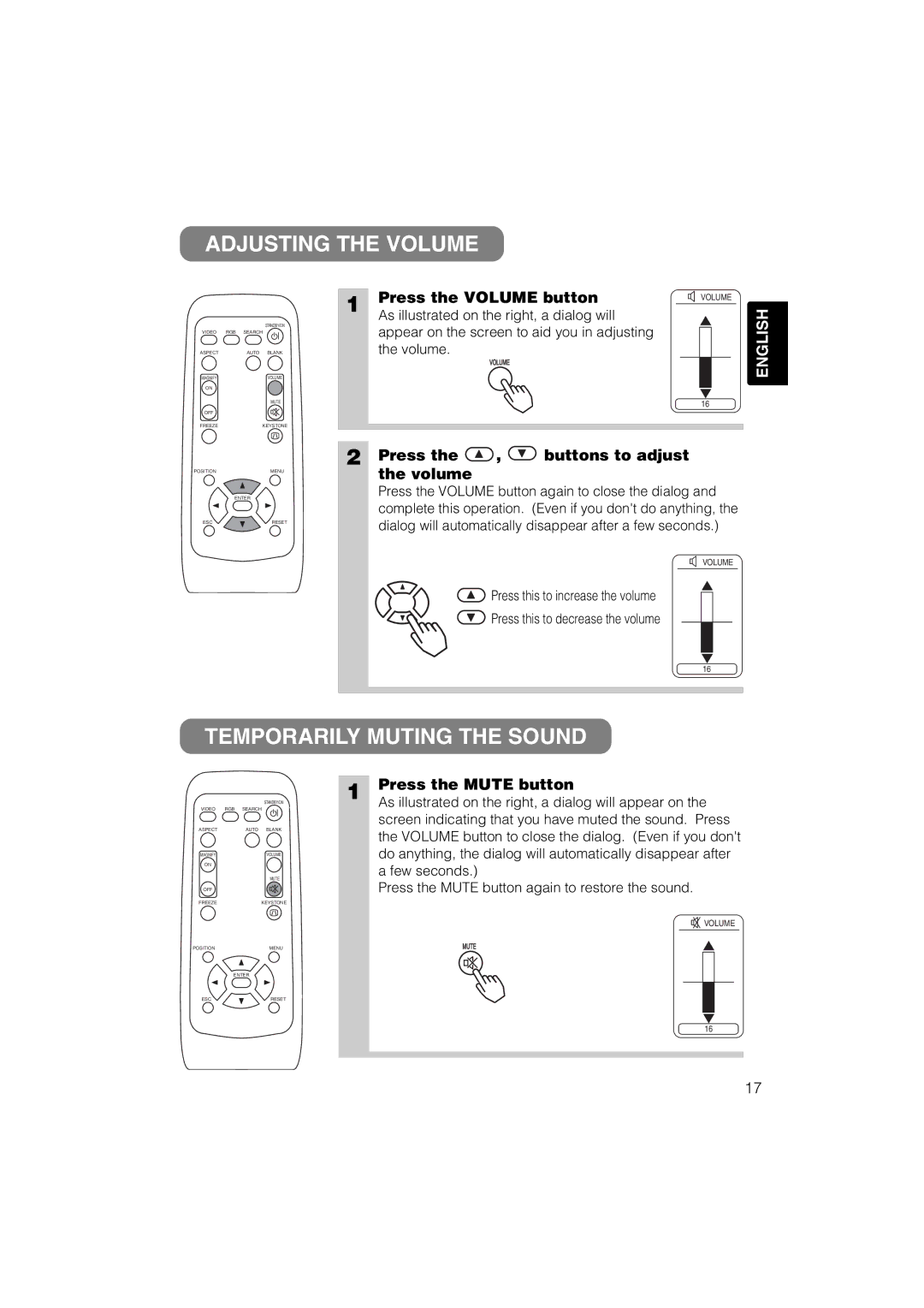 Hitachi CP-X275 Adjusting the Volume, Temporarily Muting the Sound, Press the Volume button, Press the Mute button 