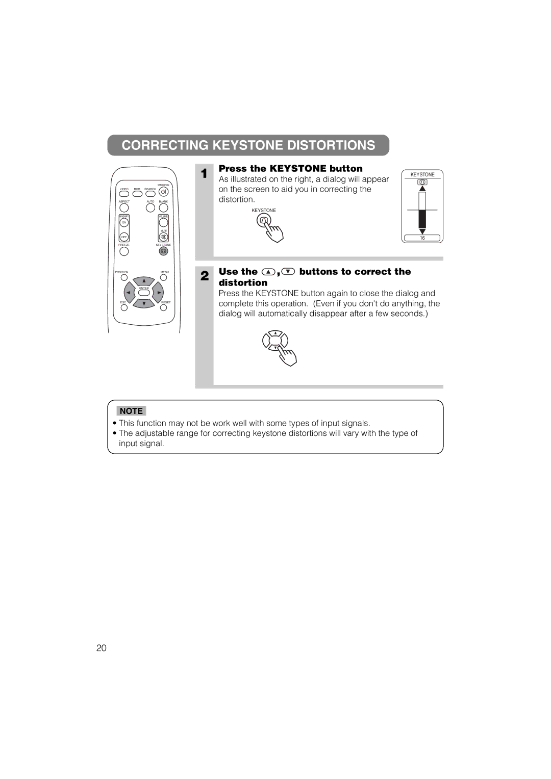 Hitachi CP-X275 user manual Correcting Keystone Distortions, Press the Keystone button, Use the , buttons to correct 