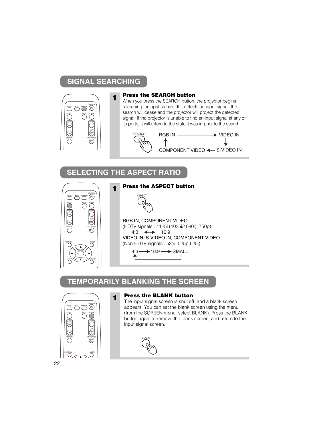 Hitachi CP-X275 user manual Signal Searching, Selecting the Aspect Ratio, Temporarily Blanking the Screen 