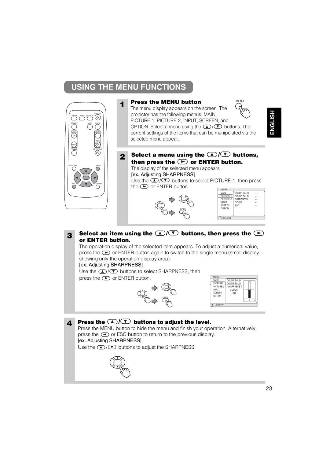 Hitachi CP-X275 Using the Menu Functions, Press the Menu button, Select a menu using Buttons Then press Or Enter button 