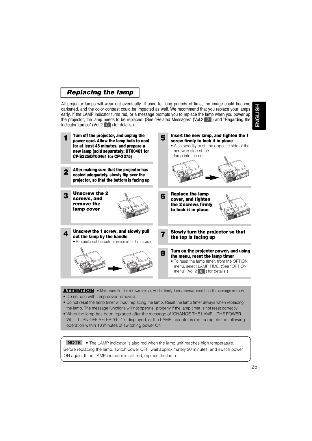 Hitachi CP-X275 user manual Replacing the lamp 