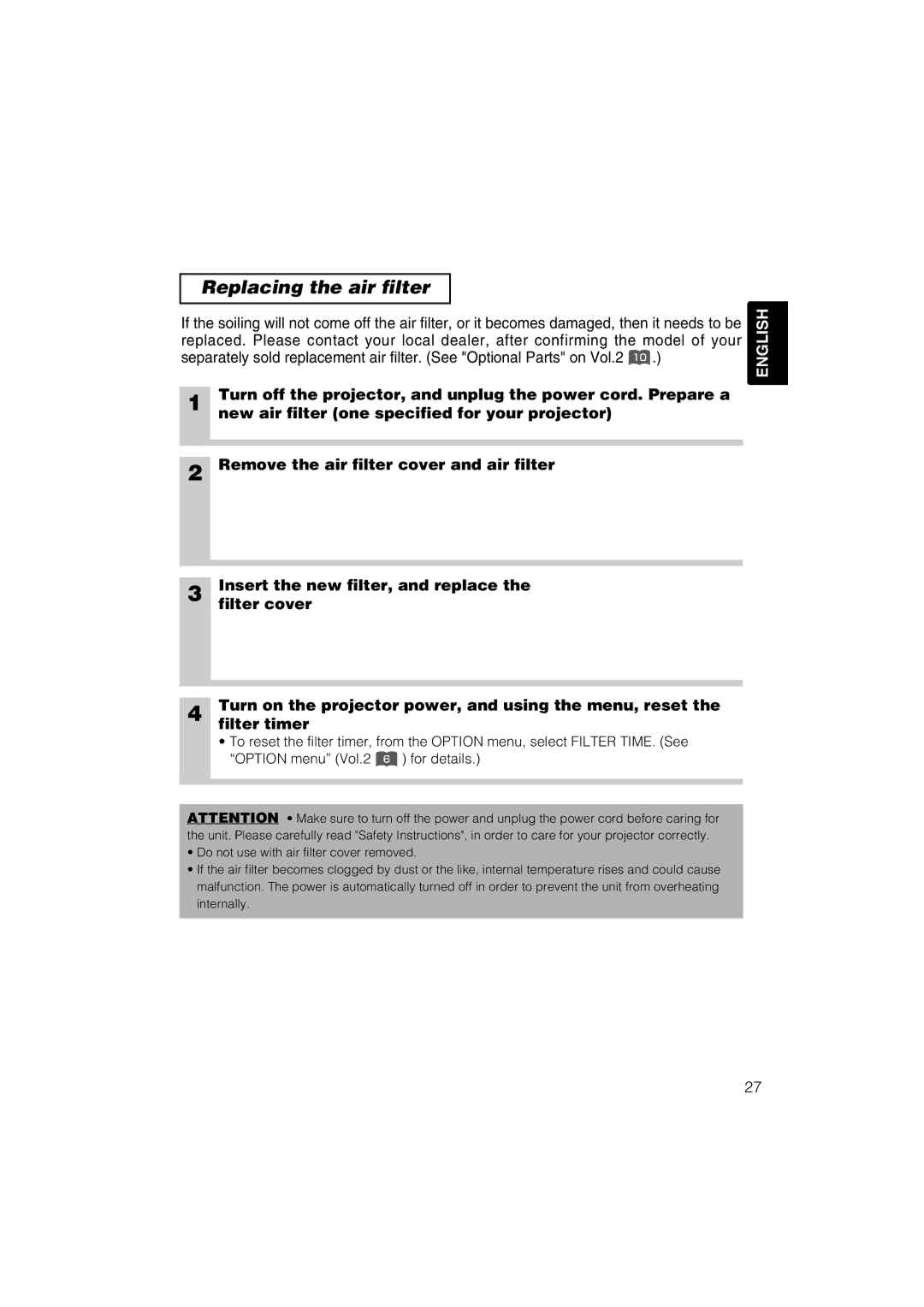 Hitachi CP-X275 user manual Replacing the air filter, New air filter one specified for your projector 