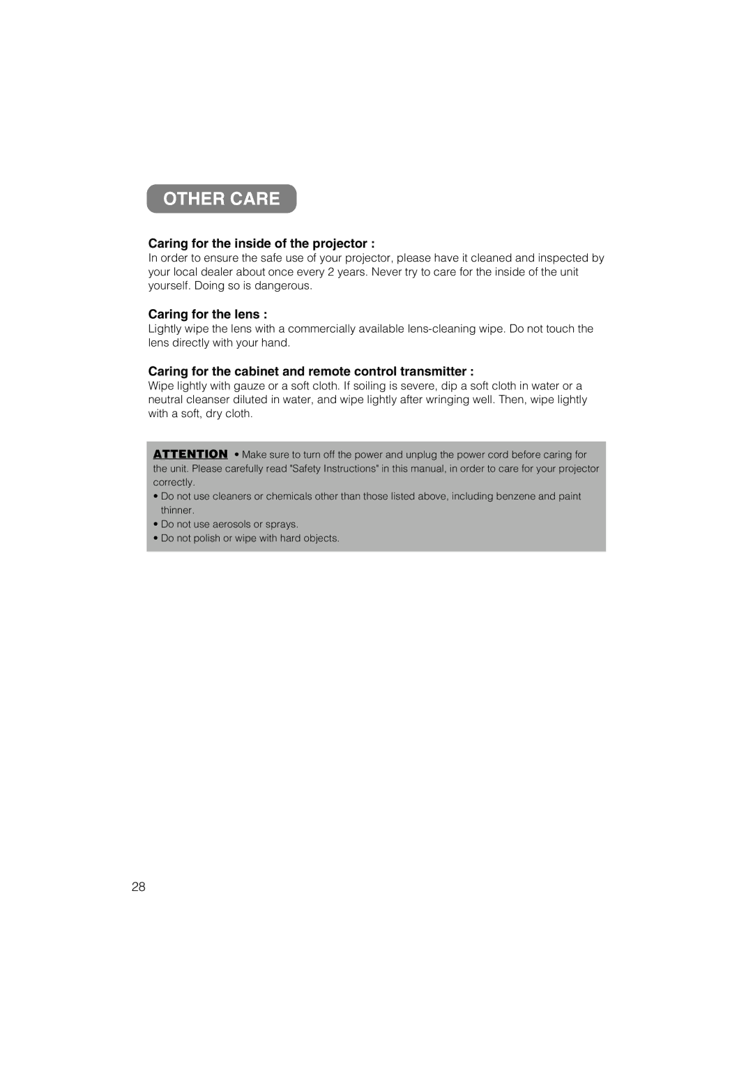 Hitachi CP-X275 user manual Other Care, Caring for the inside of the projector, Caring for the lens 