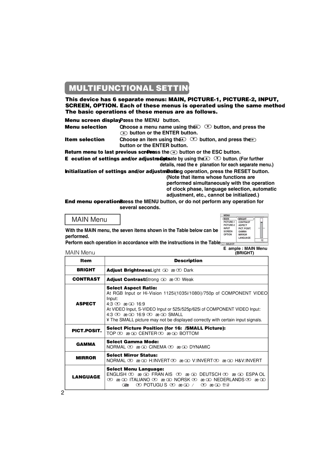 Hitachi CP-X275 user manual Multifunctional Settings, Main Menu 