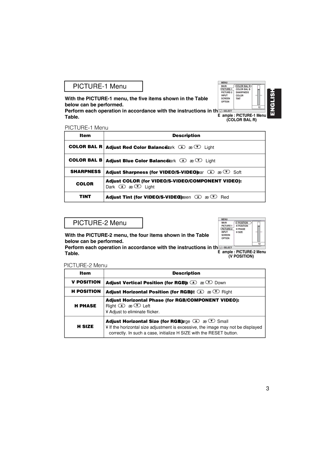 Hitachi CP-X275 user manual PICTURE-1 Menu, PICTURE-2 Menu 