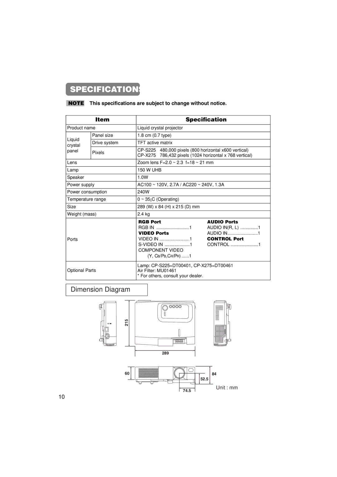 Hitachi CP-X275 user manual Specifications, Dimension Diagram, Unit mm 