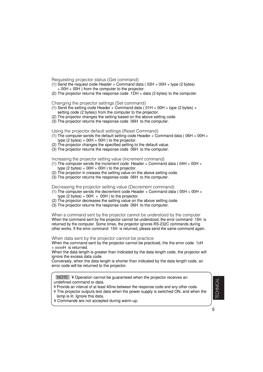 Hitachi CP-X275 user manual Requesting projector status Get command, Changing the projector settings Set command 