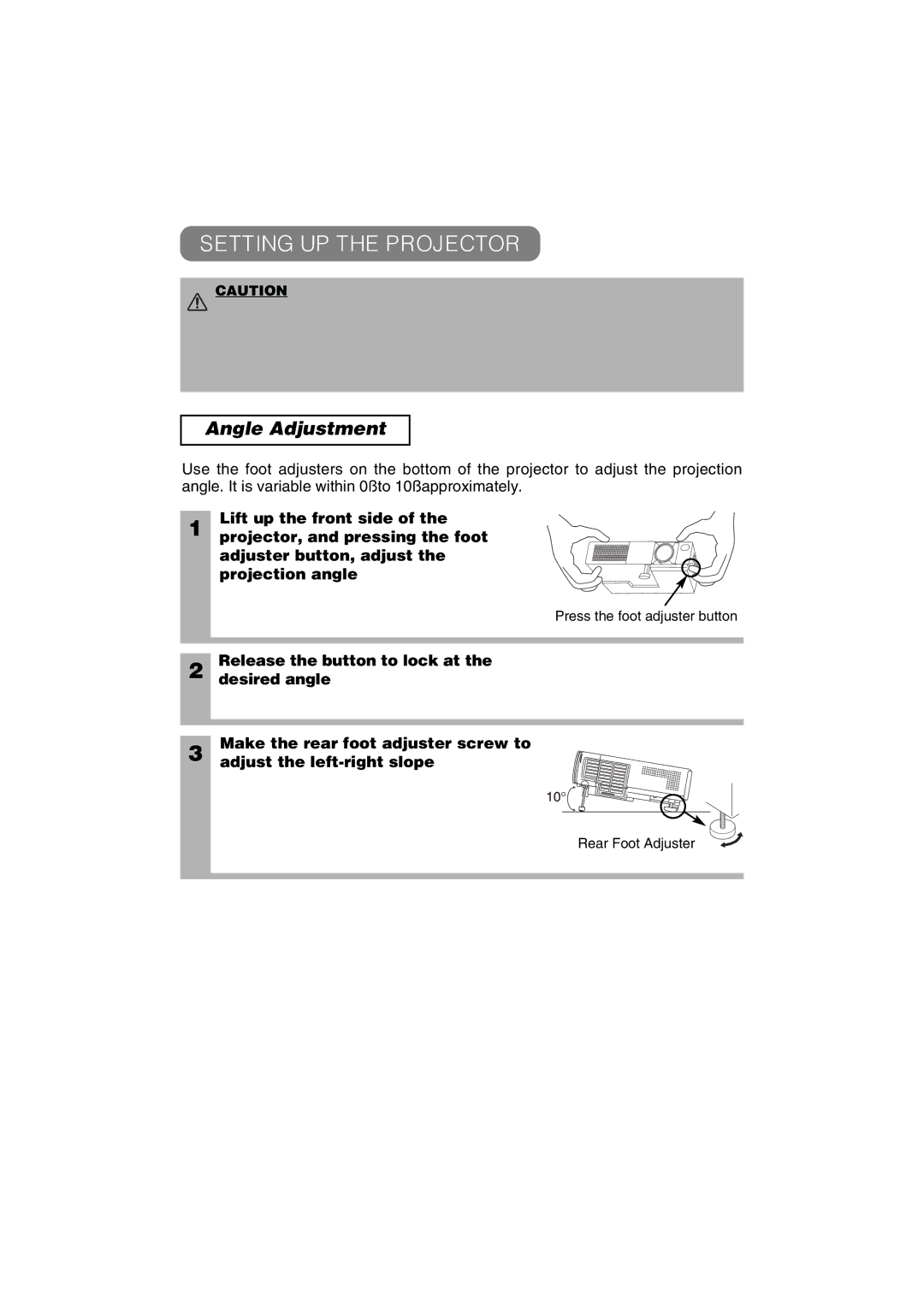 Hitachi CP-X275 user manual Setting UP the Projector, Angle Adjustment, Press the foot adjuster button 