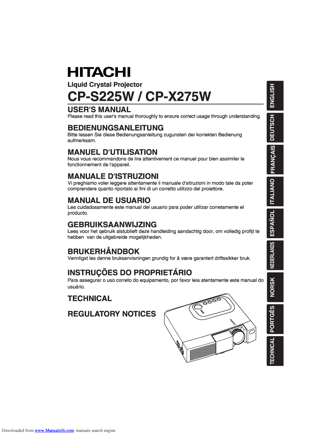 Hitachi CP-X275W user manual Users Manual, Bedienungsanleitung, Manuel Dutilisation, Manuale Distruzioni, Brukerhåndbok 