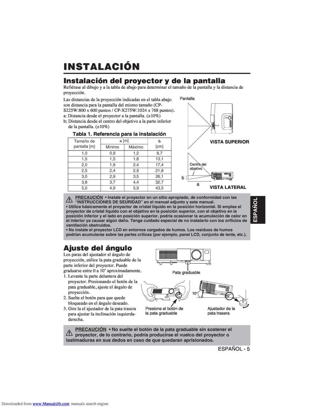 Hitachi CP-X275W user manual Instalación del proyector y de la pantalla, Ajuste del ángulo, Español 
