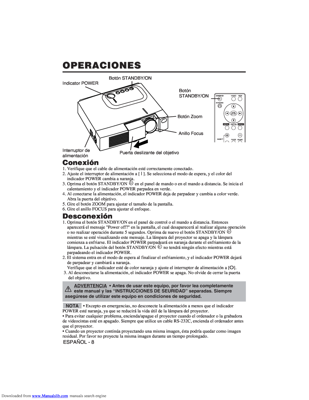 Hitachi CP-X275W user manual Operaciones, Conexión, Desconexión 