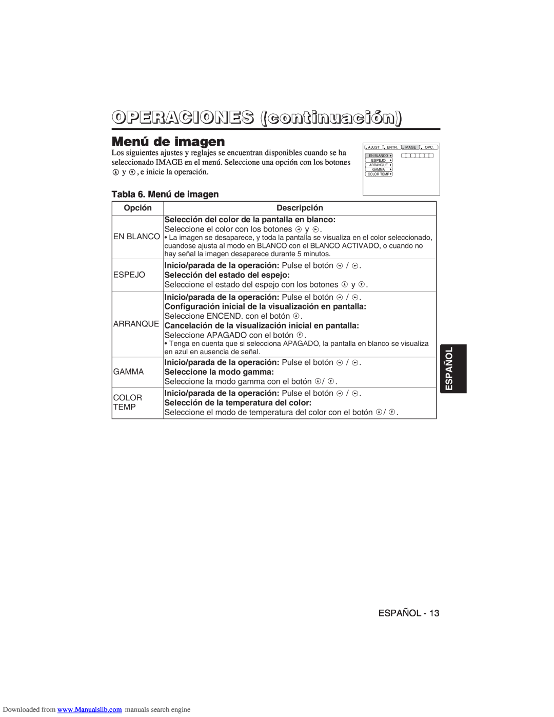 Hitachi CP-X275W user manual Tabla 6. Menú de imagen, OPERACIONES continuación, Español 