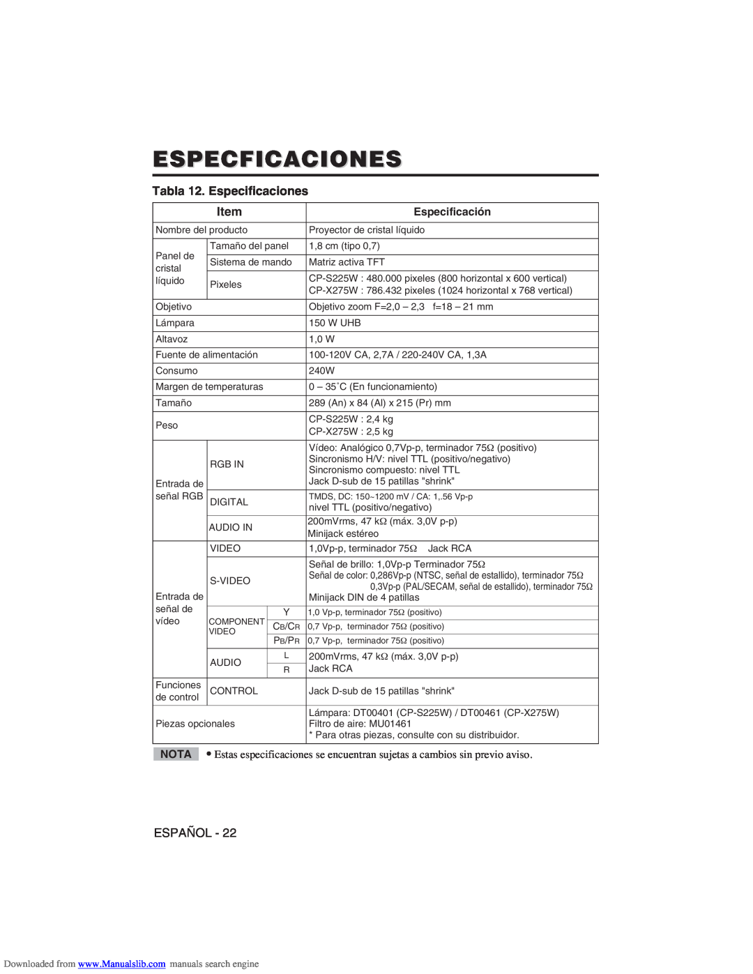 Hitachi CP-X275W user manual Especficaciones, Tabla 12. Especificaciones, Item 
