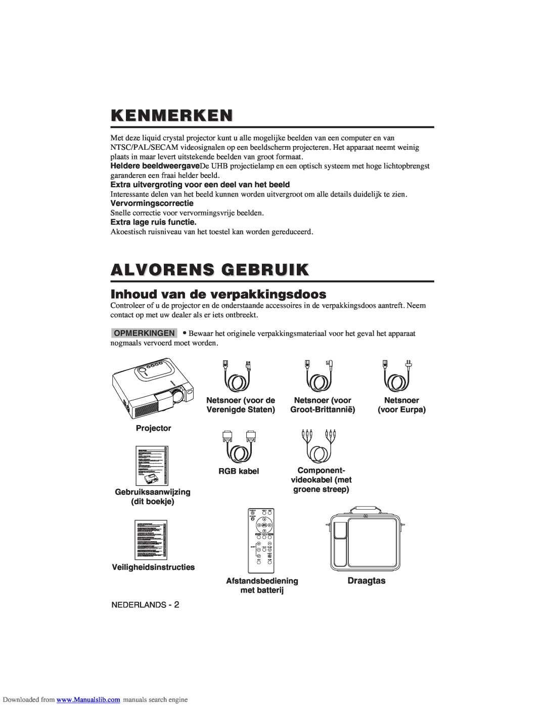 Hitachi CP-X275W user manual Kenmerken, Alvorens Gebruik, Inhoud van de verpakkingsdoos, Draagtas 