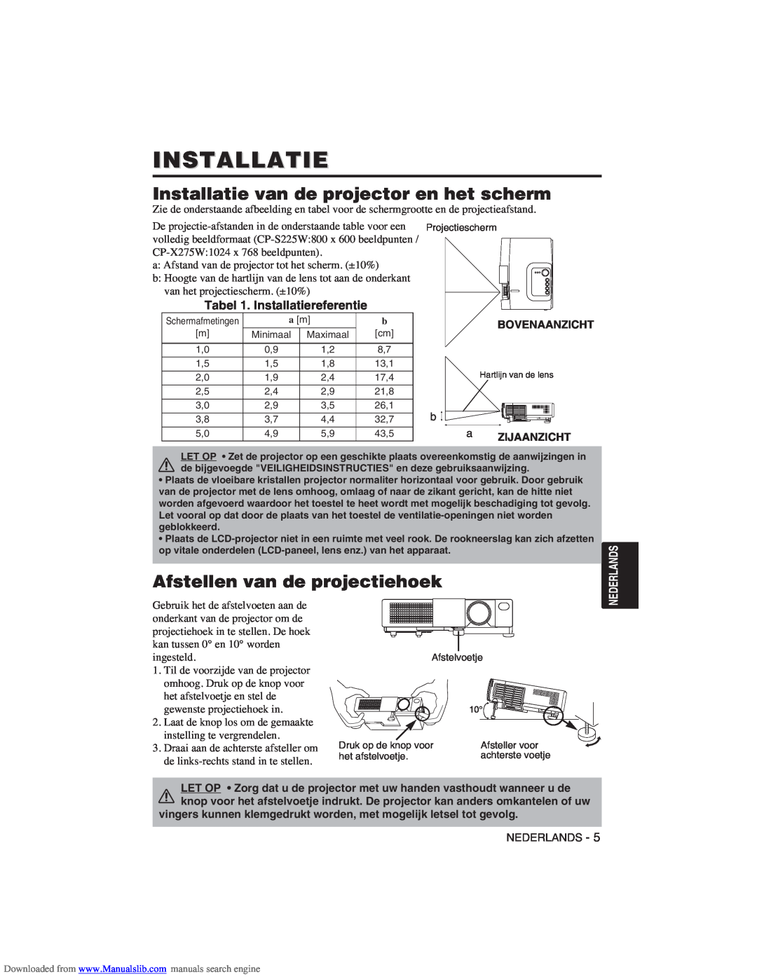 Hitachi CP-X275W user manual Installatie van de projector en het scherm, Afstellen van de projectiehoek 