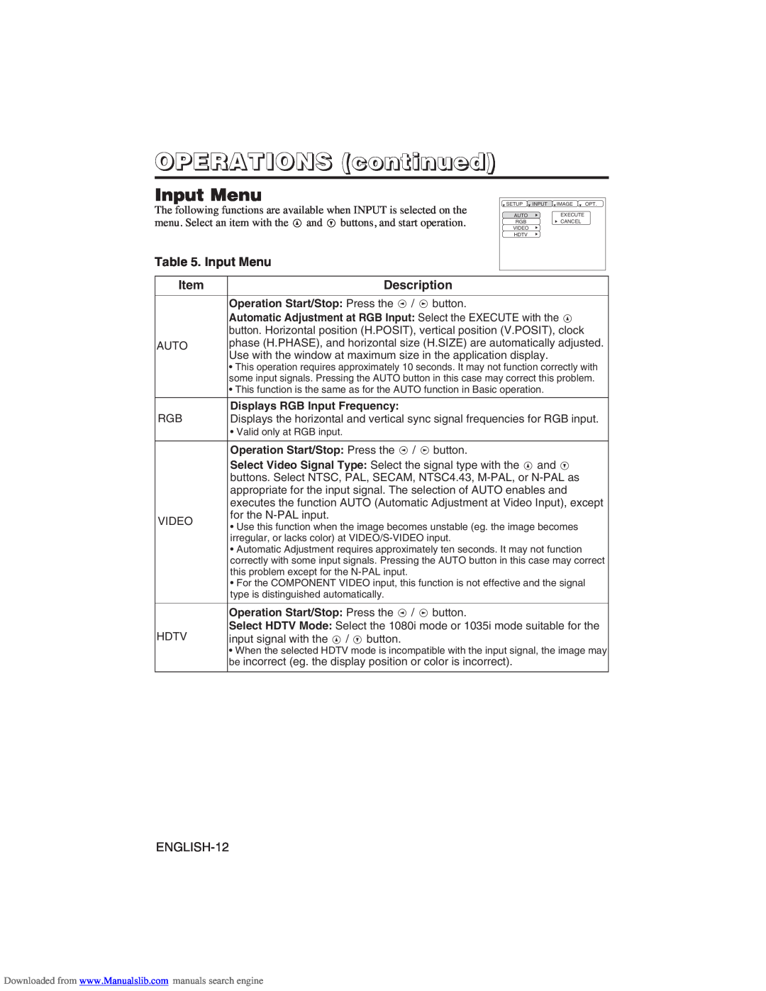 Hitachi CP-X275W user manual Input Menu, OPERATIONS continued, Item, Description 