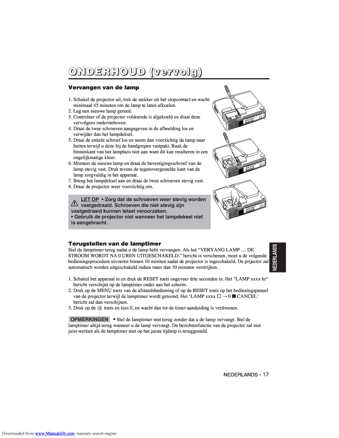 Hitachi CP-X275W user manual ONDERHOUD vervolg, Vervangen van de lamp, Terugstellen van de lamptimer 