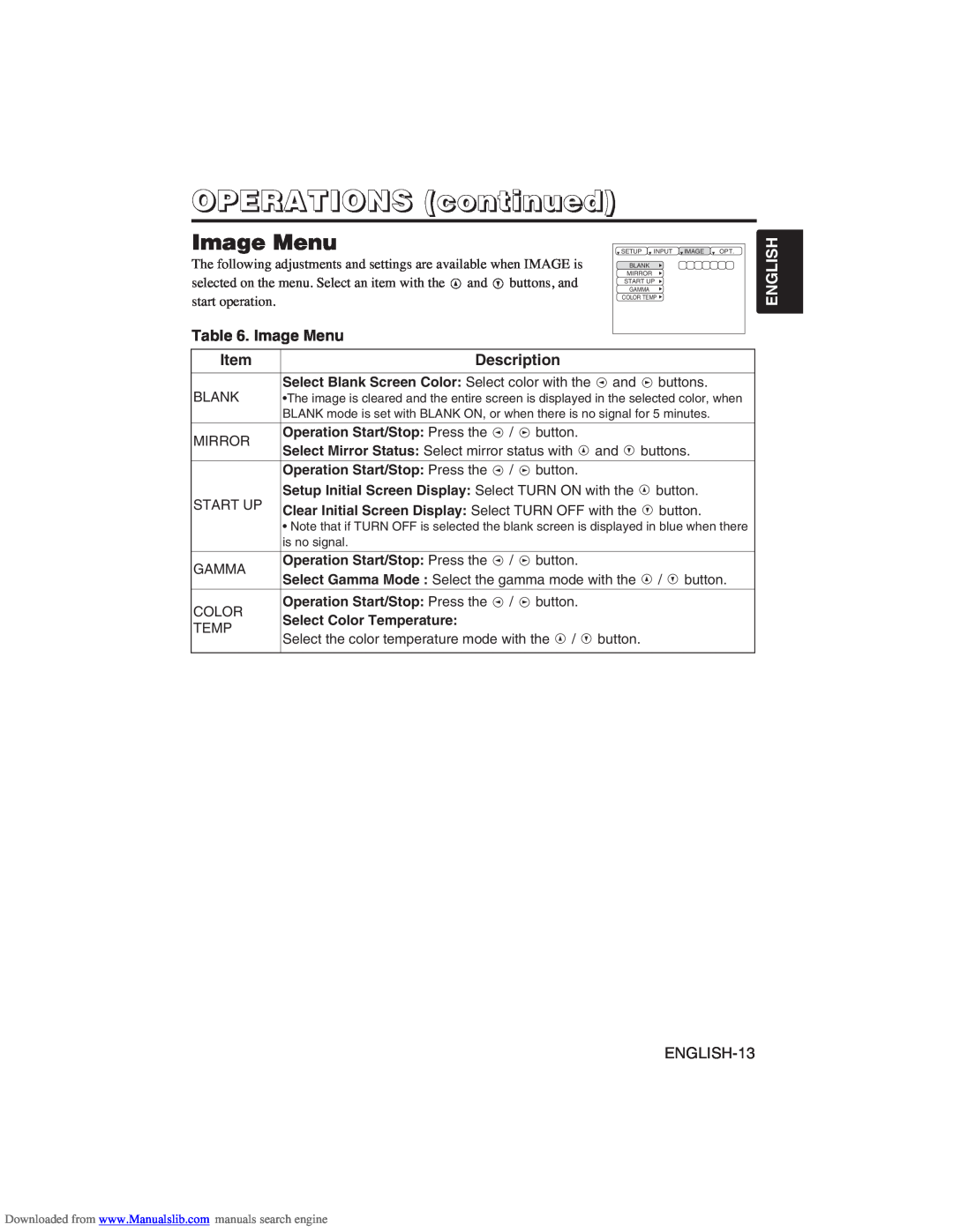 Hitachi CP-X275W user manual Image Menu, OPERATIONS continued, Item, Description, English 