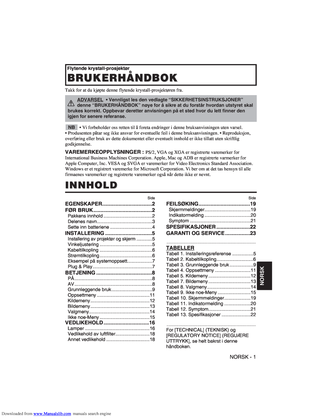 Hitachi CP-X275W user manual Brukerhåndbok, Innhold, Tabeller, Norsk 
