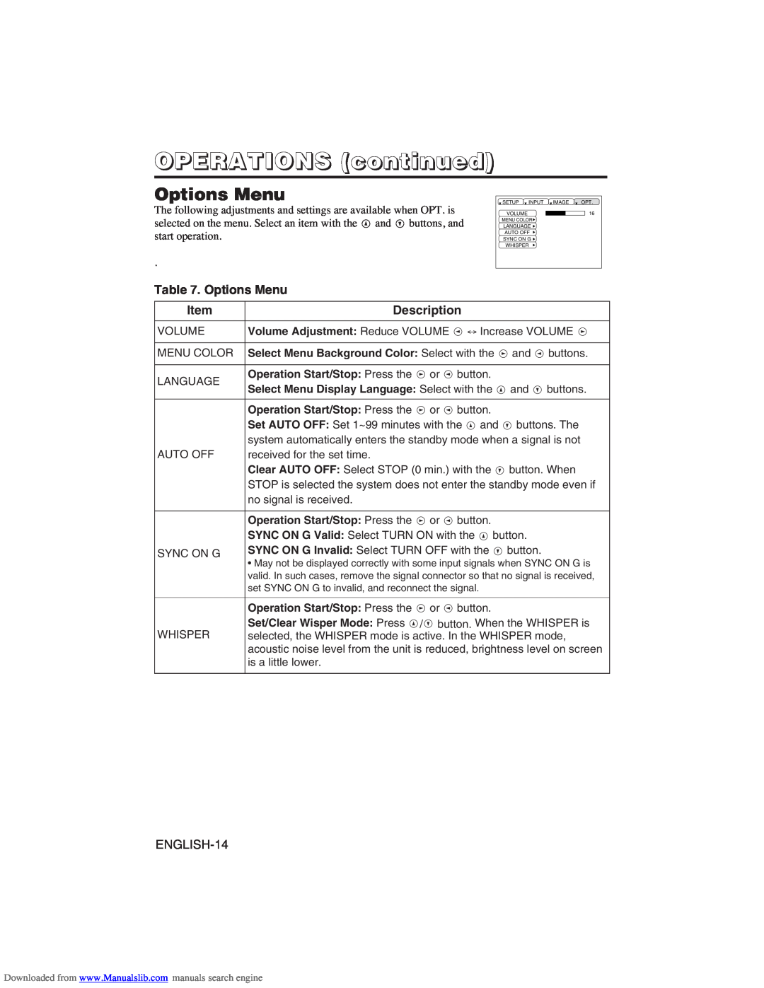 Hitachi CP-X275W user manual Options Menu, OPERATIONS continued, Item, Description 