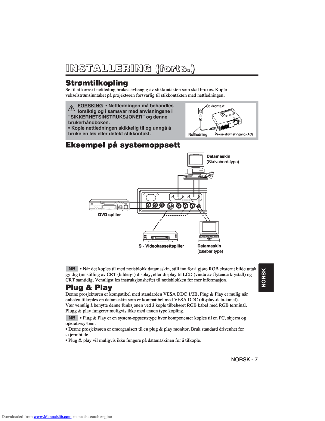 Hitachi CP-X275W user manual Strømtilkopling, Eksempel på systemoppsett, INSTALLERING forts, Plug & Play, Norsk 