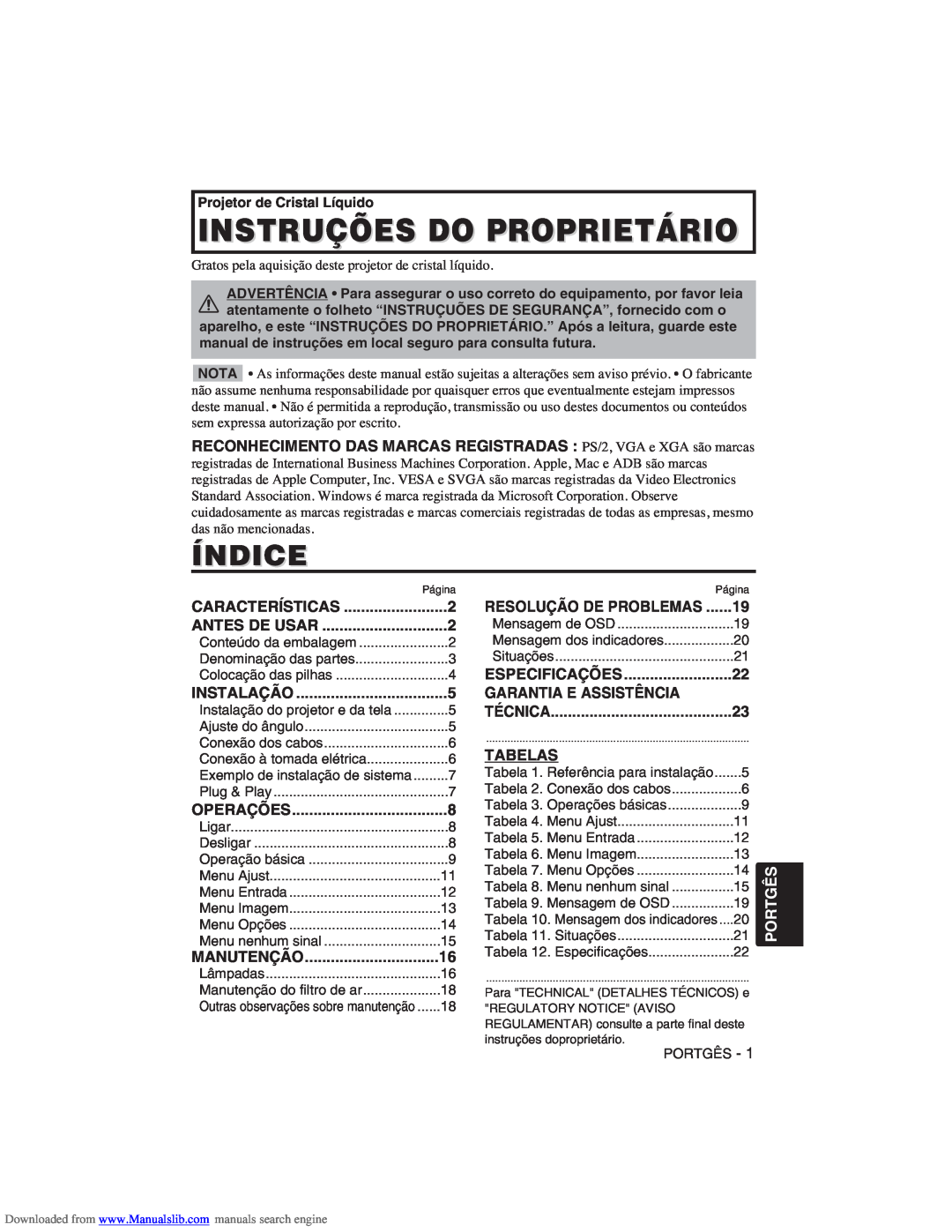 Hitachi CP-X275W user manual Instruções Do Proprietário, Índice, Garantia E Assistência, Tabelas, Portgês 