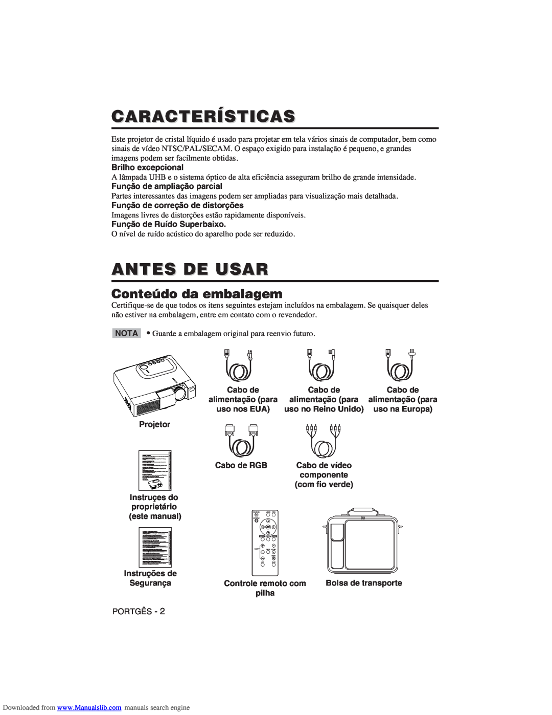 Hitachi CP-X275W user manual Antes De Usar, Conteúdo da embalagem, Características 