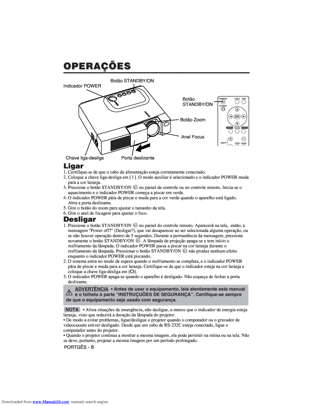 Hitachi CP-X275W user manual Operações, Ligar, Desligar 